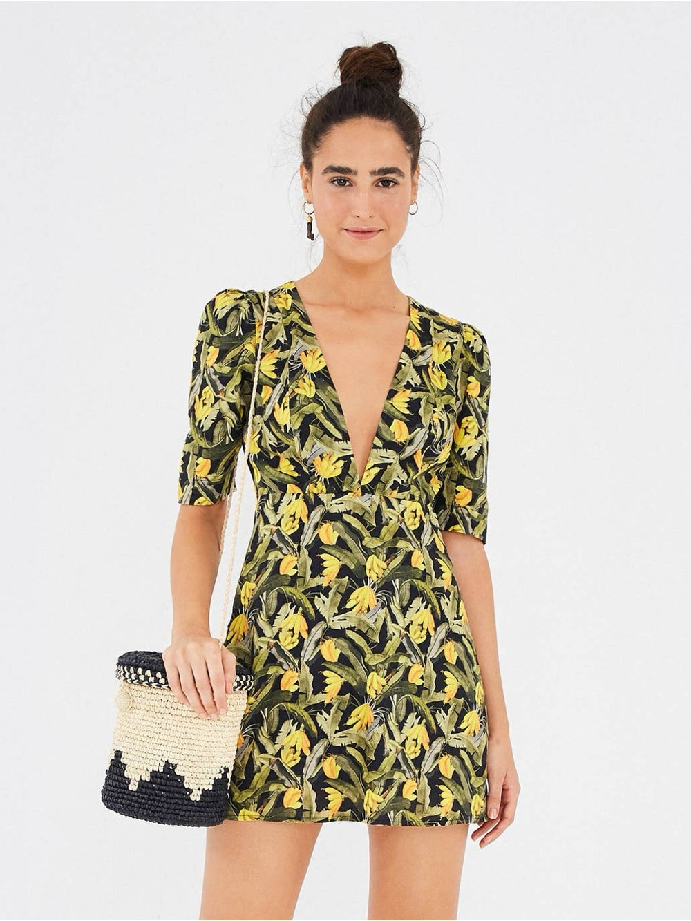 FARM Rio Banana Print Plunge Mini Dress